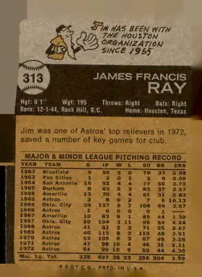 Vintage baseball card back of 1973 Topps #313 Jim Ray, Houston Astros player trading card