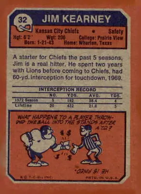 Kansas City Chiefs Jim Kearney trading card from 1973 Topps #32 featuring football card