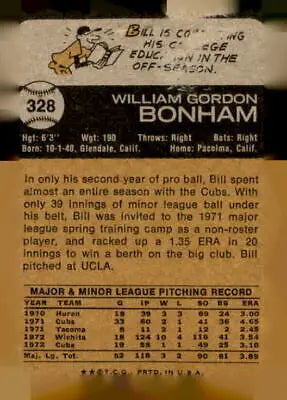 Vintage 1973 Topps #328 Bill Bonham sports trading card in EX-MT condition