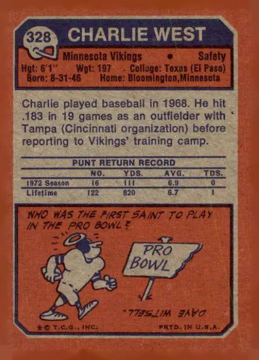 Vintage Charlie West football trading card from 1973 Topps #328 featuring Charlie West