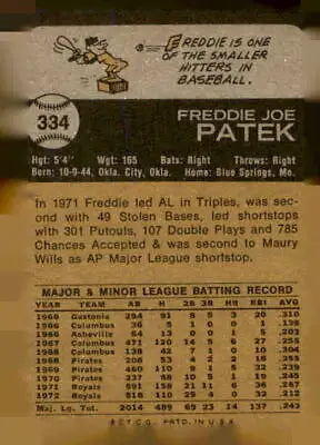 Vintage baseball card back of 1973 Topps #334 Freddie Patek, Kansas City trading card