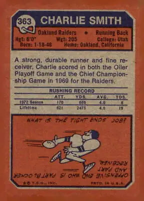 Vintage football card featuring Charlie Smith from the Oakland Raiders, 1973 Topps #363
