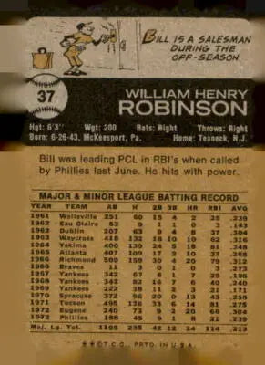 Back of 1973 Topps #37 Bill Robinson Robinson Baseball Card Philadelphia Phillies image