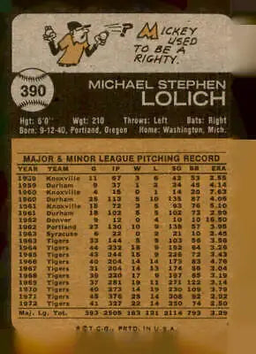 Vintage Mickey Lolich trading card back from 1973 Topps #390 Mickey Lolich baseball card