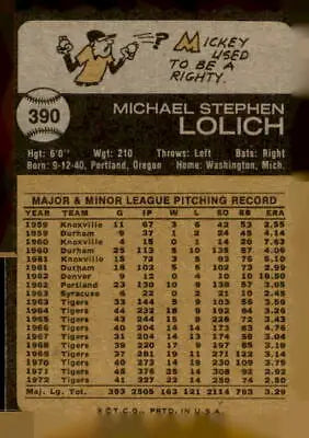 Vintage baseball card back featuring Mickey Lolich trading card of Detroit Tigers