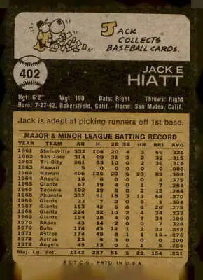Vintage 1973 Topps #402 Jack Hiatt trading card back displays player stats and design