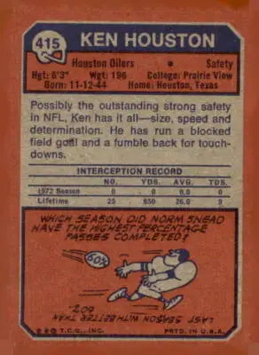 Vintage Ken Houston football card from 1973 Topps #415 showcasing Ken Houston football memorabilia
