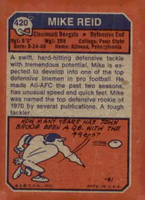 1973 Topps #420 Mike Reid football card showcasing Mike Reid football memorabilia