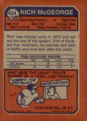Vintage 1973 Topps #424 Rich McGeorge sports trading card for collection or trading