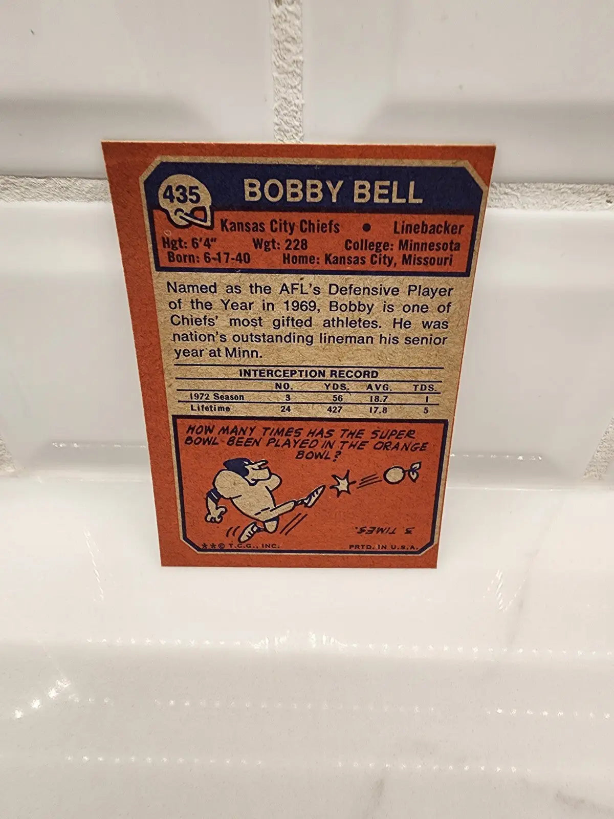 Vintage Bobby Bell football trading card from 1973 Topps #435 Kansas City Chiefs