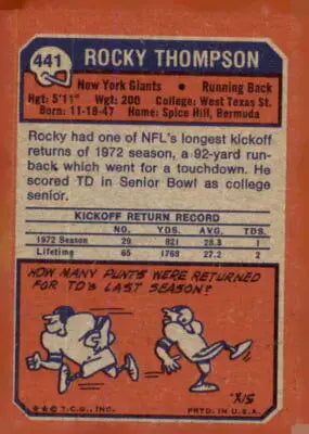 Vintage Rocky Thompson football trading card from 1973 Topps #441 featuring Rocky Thompson