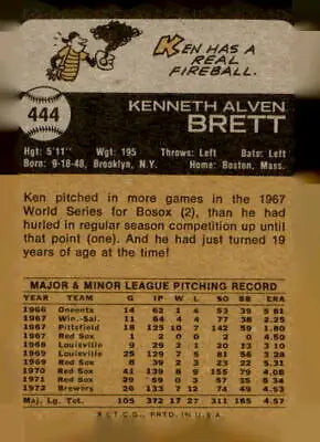 Vintage baseball card back of 1973 Topps Ken Brett trading card for sports trading collectors