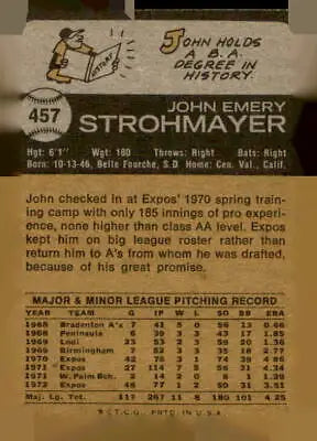 Vintage baseball card back of 1973 Topps #457 John Strohmayer sports trading card