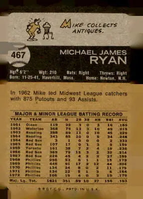 Vintage baseball card back of 1973 Topps #467 Mike Ryan, Philadelphia Phillies collectible