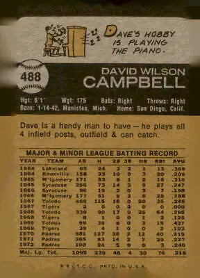 Back of 1973 Topps #488 Dave Campbell sports trading card showcasing vintage design
