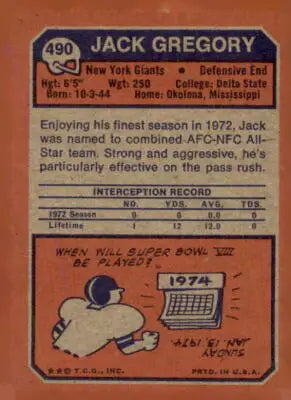 Vintage 1973 Topps Jack Gregory football trading card for collectors