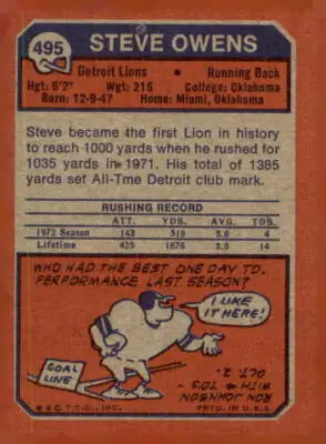 1973 Topps Steve Owens sports trading card featuring legendary football player