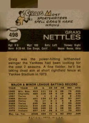Graig Nettles baseball card back from 1973 Topps #498 featuring York Yankees player