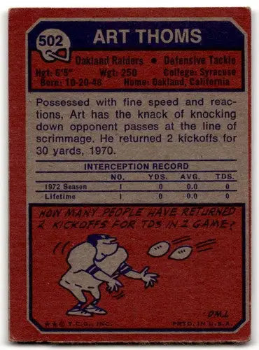 Vintage Art Thoms football card with original gloss, Thoms F Fair RC Rookie in Raiders style