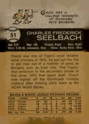 Vintage Chuck Seelbach baseball card from 1973 Topps #51 featuring Seelbach baseball card