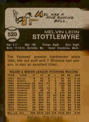 Vintage Mel Stottlemyre baseball trading card back from 1973 Topps #520