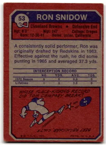 Vintage 1973 Topps Ron Snidow football card in G Good condition with original gloss
