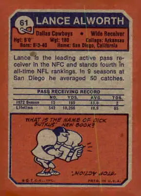 Vintage football card featuring Lance Alworth of the Dallas Cowboys from 1973 Topps