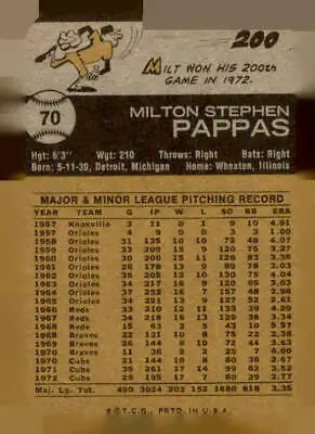 Vintage trading card featuring 1973 Topps #70 Milt Pappas in EX-MT condition