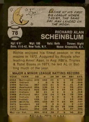Vintage Richie Scheinblum baseball card from 1973 Topps Kansas City Royals collection