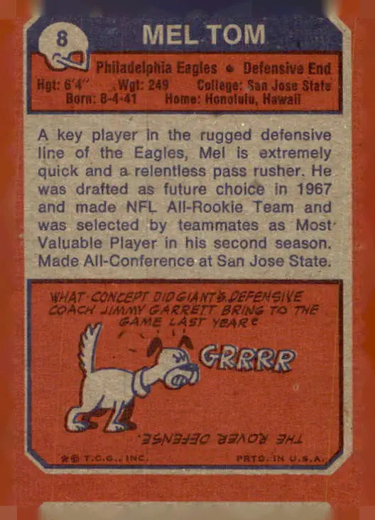 Vintage Mel Tom football trading card from 1973 Topps #8 Mel Tom featuring a classic design
