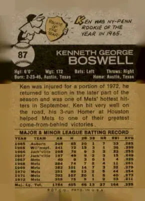Vintage baseball card back featuring Ken Boswell from 1973 Topps #87, Boswell baseball card