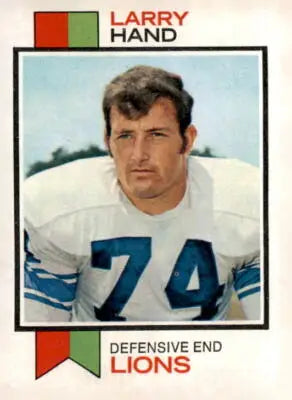 Vintage football trading card featuring 1973 Topps #93 Larry Hand player