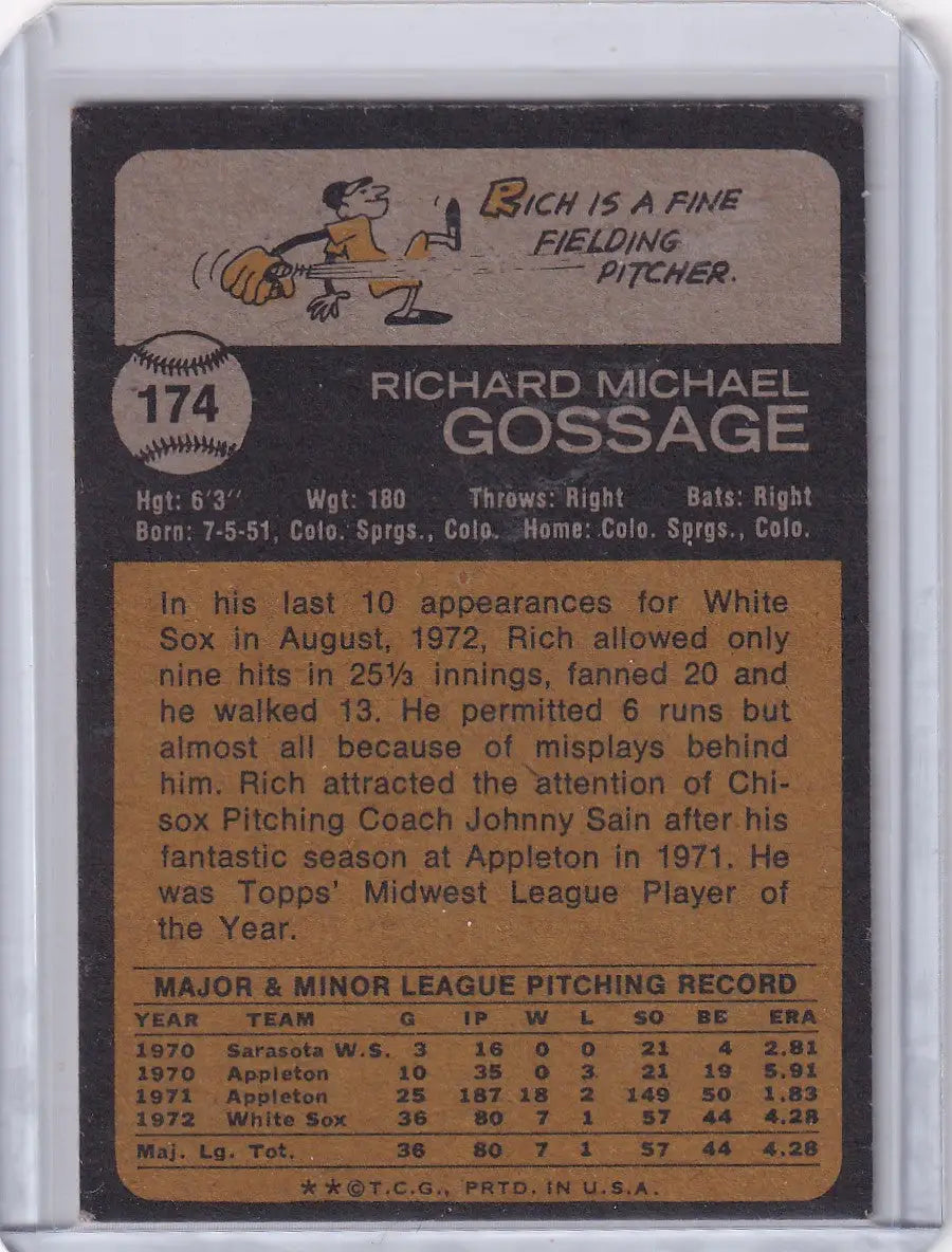 Vintage back of 1973 Topps Baseball #174 Rich Gossage Chicago White Sox RC card