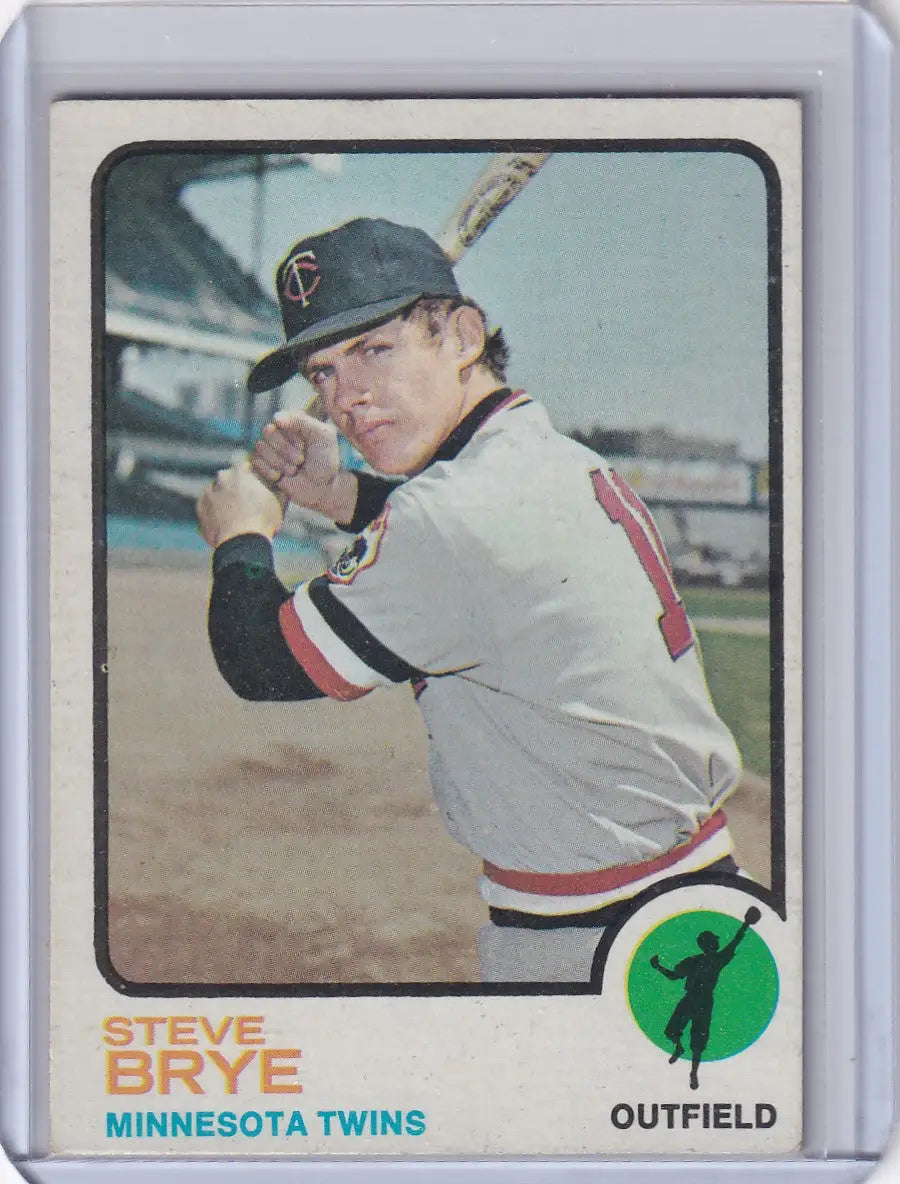 1973 Topps Baseball Steve Brye Minnesota Twins trading card on display