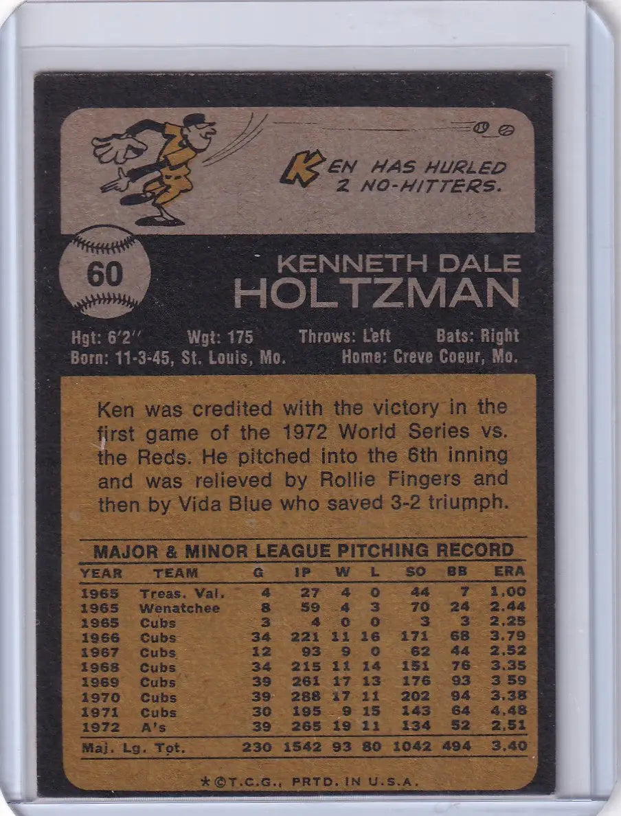 1973 Topps Baseball #60 Ken Holtzman card featuring Oakland Athletics player