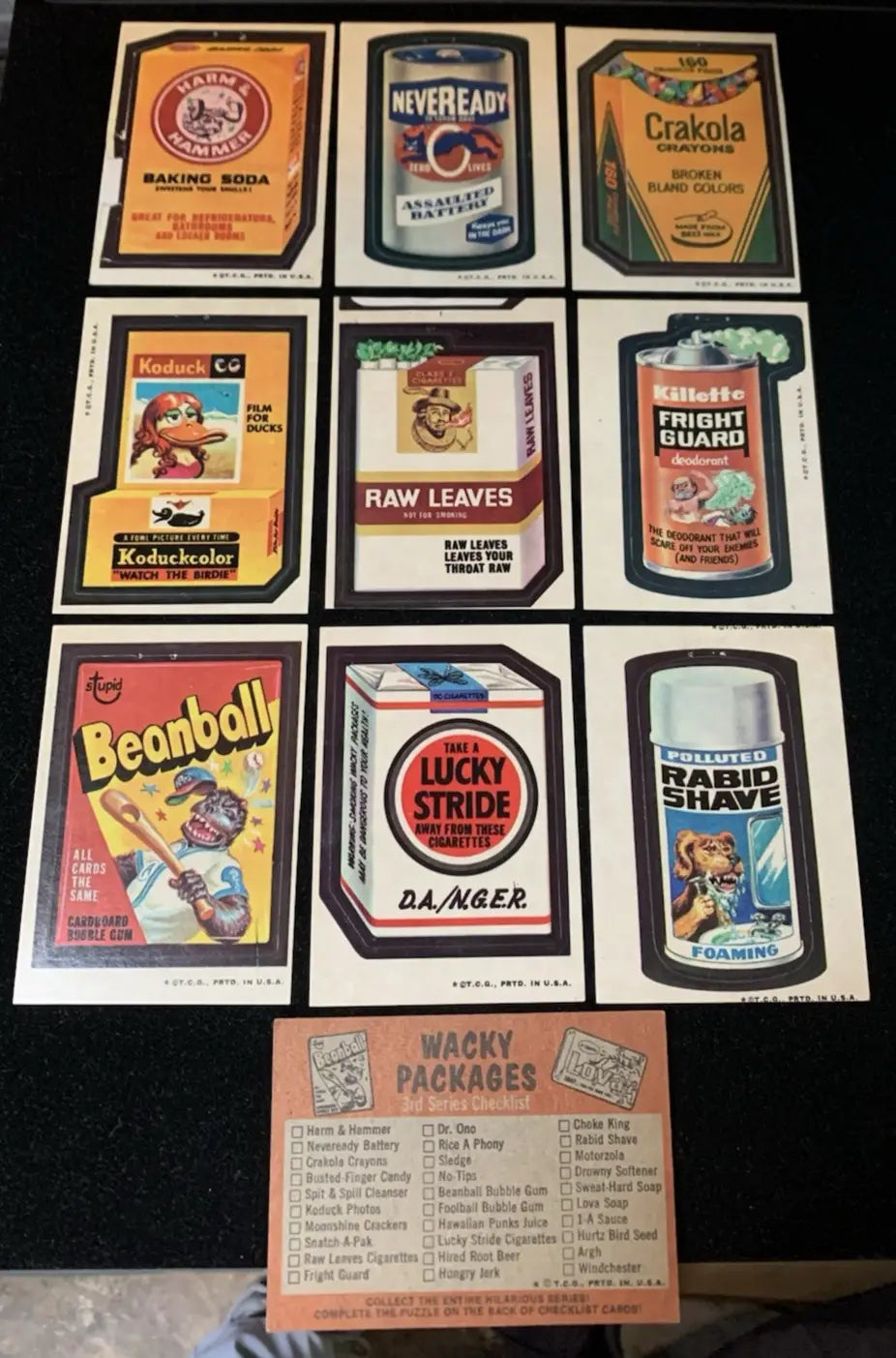 Wacky Packages trading cards from 1973 Topps Series 3 with Tan Backs and Checklist