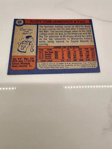 Rudy Tomjanovich basketball trading card from 1974-75 Topps series displayed