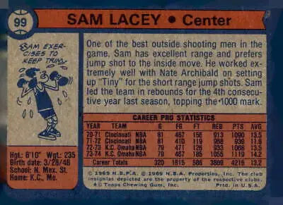 Vintage Sam Lacey basketball card from 1974-75 Topps series, a collectible sports trading card