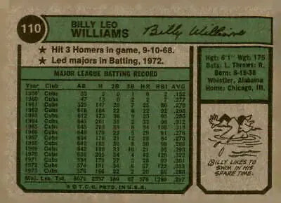 Vintage 1974 Topps Billy Williams baseball card featuring Billy Williams baseball memorabilia