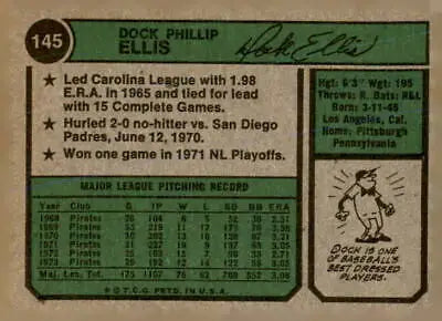 Back of 1974 Topps #145 Dock Ellis baseball card featuring Pittsburgh Pirates player