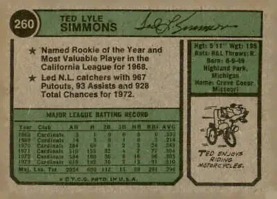 Vintage baseball card back of 1974 Topps #260 Ted Simmons showcasing baseball history