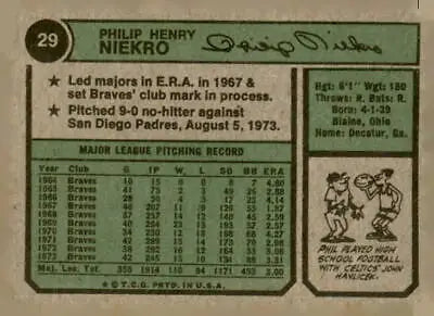 Vintage 1974 Topps #29 Phil Niekro trading card showcasing the legendary pitcher