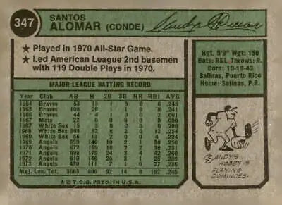 Vintage baseball card back featuring Sandy Alomar from 1974 Topps #347 California Angels