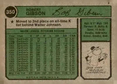 Vintage Bob Gibson baseball card from 1974 Topps #350 featuring classic Gibsons baseball memorabilia
