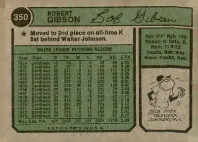 Back of 1974 Topps #350 Bob Gibson trading card showcasing authentic MLB memorabilia