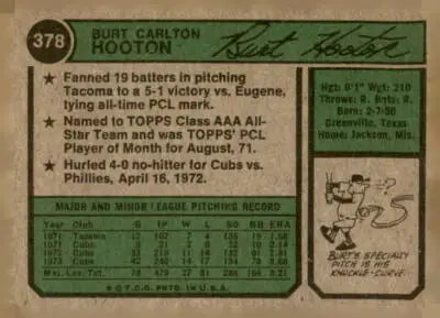 Vintage Burt Hooton baseball card from 1974 Topps #378 showcasing Burt Hooton baseball player