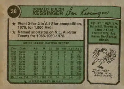 Vintage baseball card of Don Kessinger from the Chicago Cubs 1974 Topps #38
