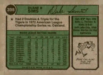 Vintage Duke Sims baseball card from 1974 Topps #398 featuring Duke Sims baseball collectible