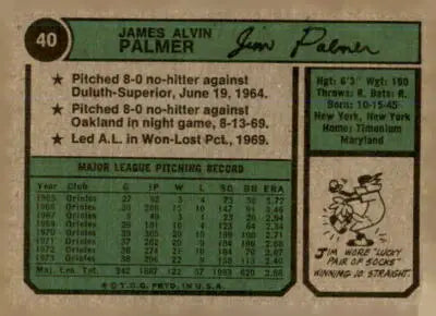 Vintage baseball card back featuring Jim Palmer from the 1974 Topps Baltimore Orioles series