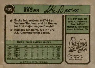 Vintage baseball card of Ike Brown from Detroit Tigers 1974 Topps #409